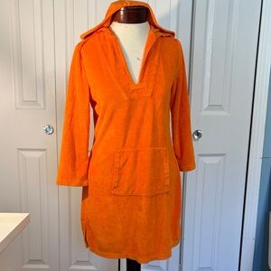 J.Crew Orange Terrycloth Hooded coverups Dress small 3/4 sleeve